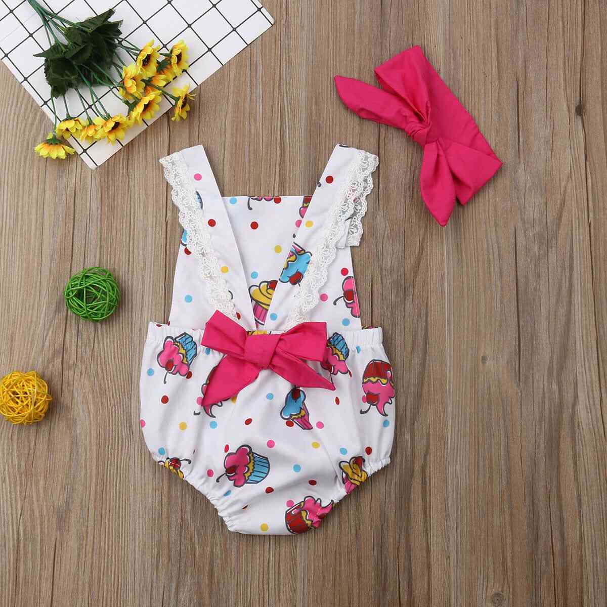Baby Girl Clothes Ice Cream Print Sleeveless Bodysuit Headband Outfit Clothes Sunsuit