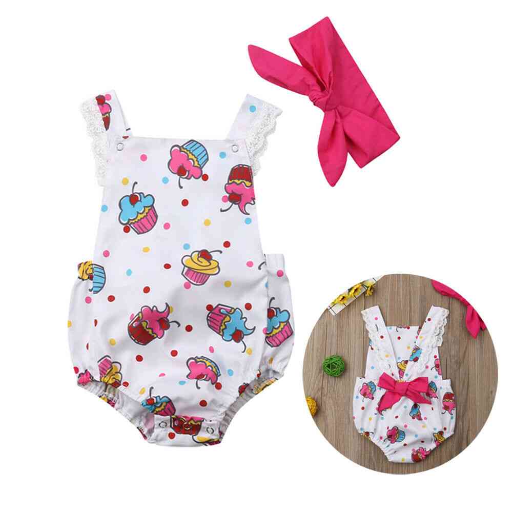 Baby Girl Clothes Ice Cream Print Sleeveless Bodysuit Headband Outfit Clothes Sunsuit
