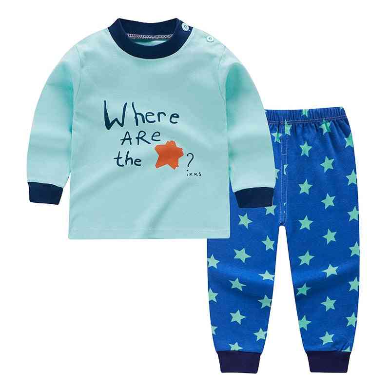 Rajzfilm nyomtatott baba pizsama szett- pamut gyerek fiú hálóing, őszi tavaszi lány hosszú ujjú felső nadrág - 2db 0-2 éves