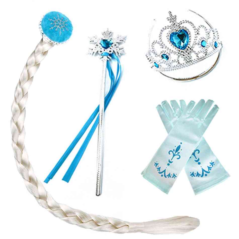 Girls Elsa Anna Accessories Set, Party Costume Aurora Belle Sofia Snow Queen, Flake Magic Wand Tiara, Gloves Wig & Braid
