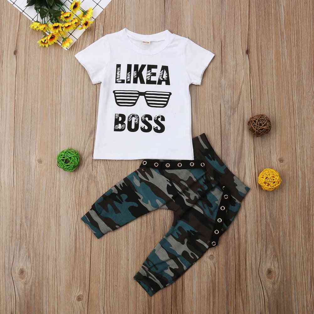 Hip Hop, Like A Boss Letter Printed- Short Sleeve T-shirt And Pants Outfits Set For Kids
