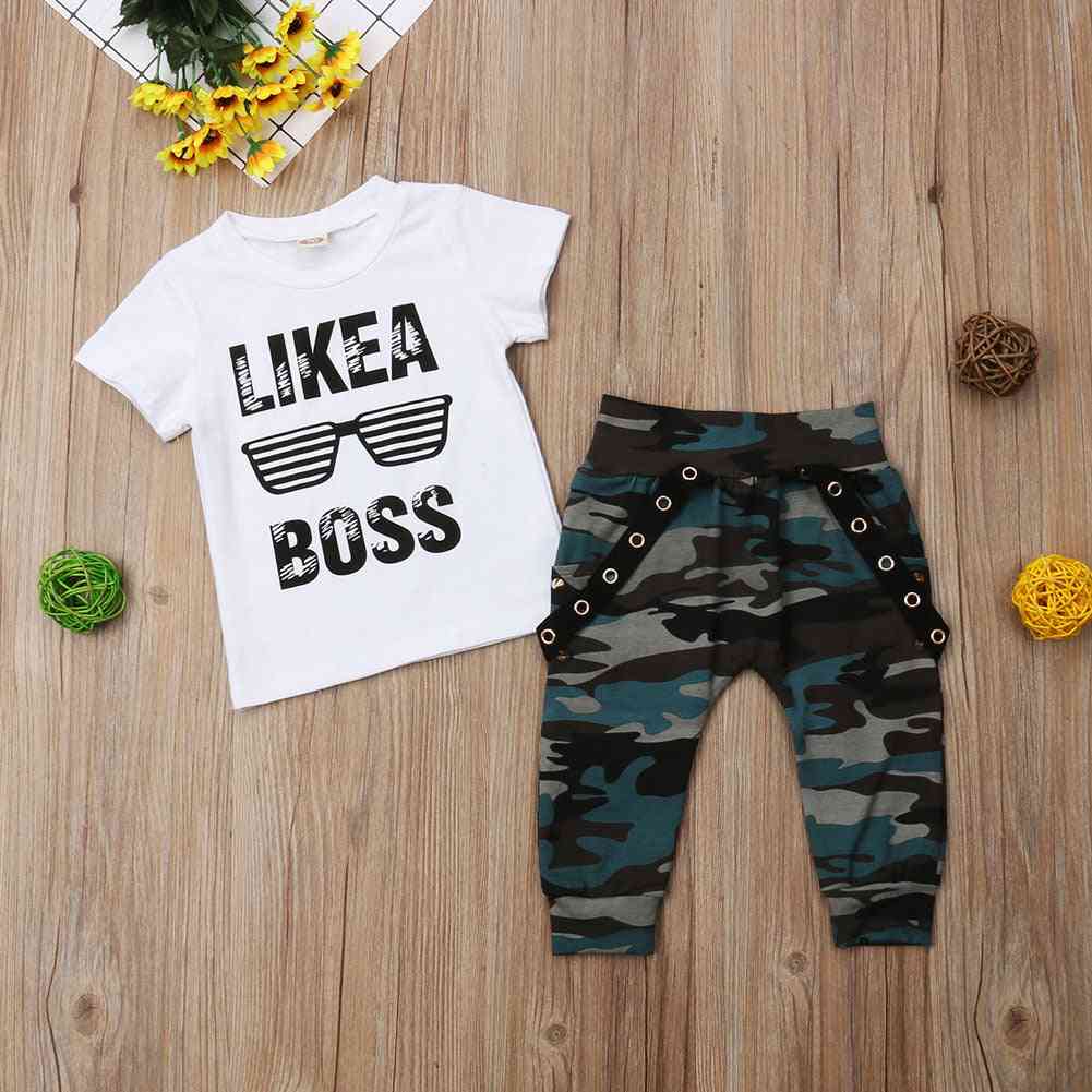 Hip Hop, Like A Boss Letter Printed- Short Sleeve T-shirt And Pants Outfits Set For Kids