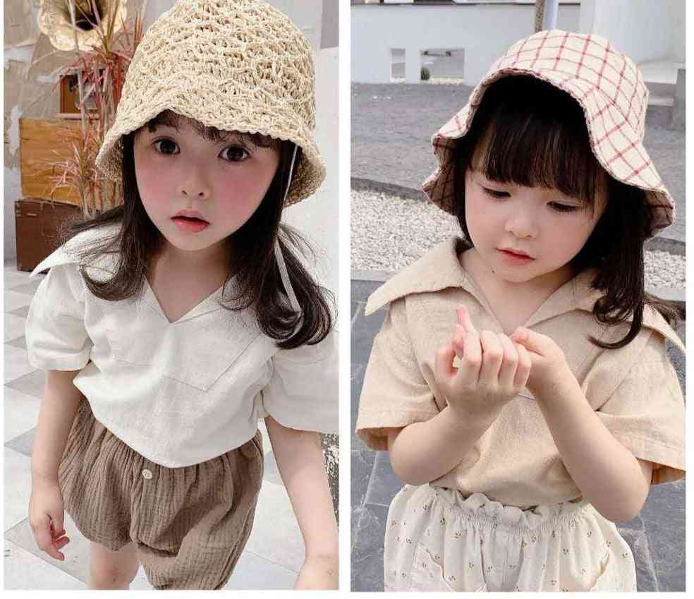 Odzież dziecięca produkty letnie dziewczęce koreański bawełna i len koszula z krótkim rękawem z dużym klapą - beż / 80cm
