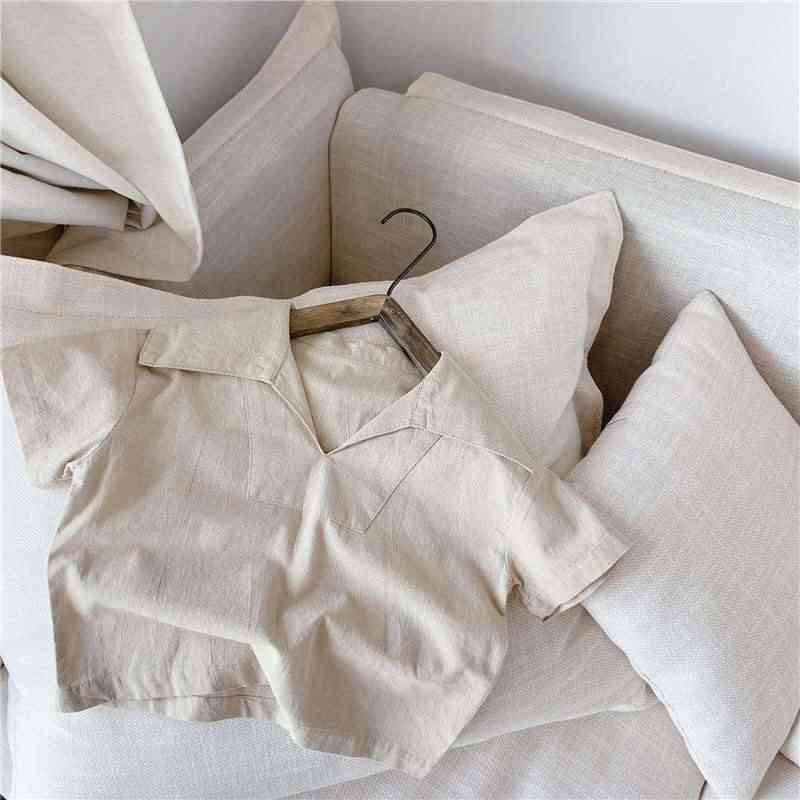 Børnetøj sommerprodukter piger koreansk bomuld og linned stor revers kortærmet skjorte - beige / 80cm