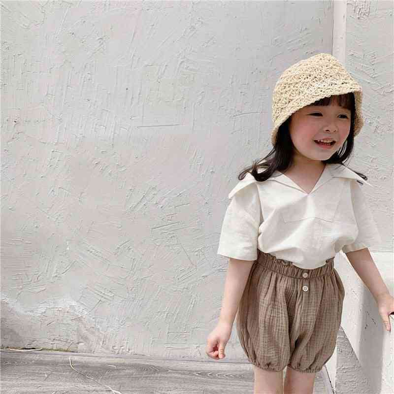 Odzież dziecięca produkty letnie dziewczęce koreański bawełna i len koszula z krótkim rękawem z dużym klapą - beż / 80cm