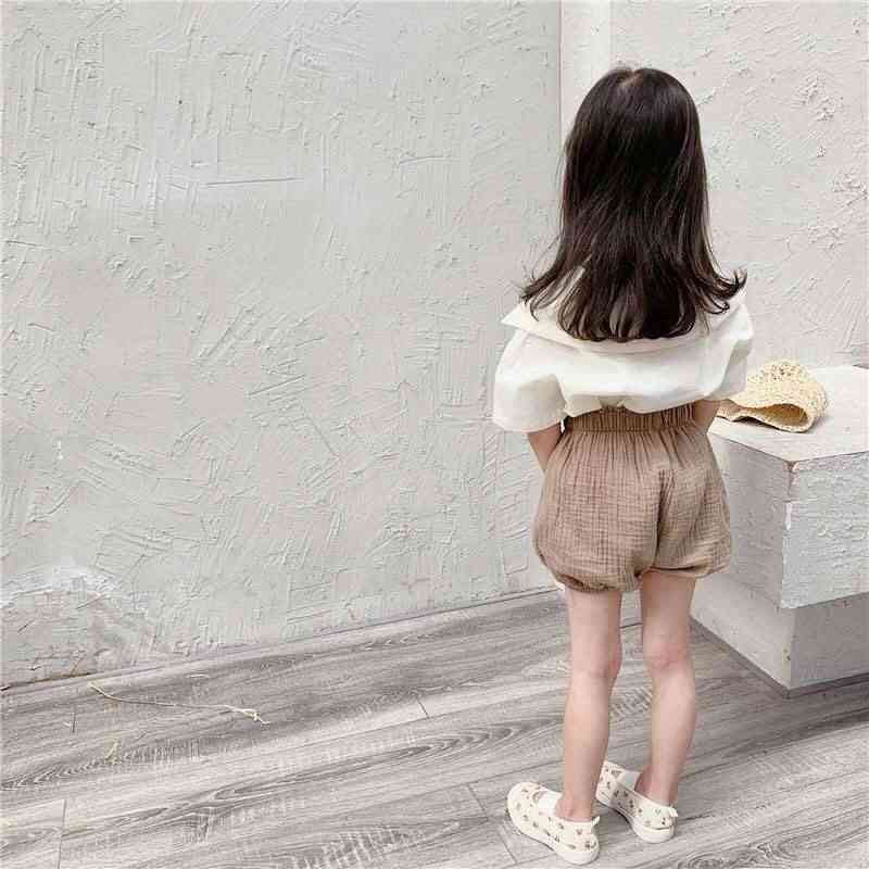 Børnetøj sommerprodukter piger koreansk bomuld og linned stor revers kortærmet skjorte - beige / 80cm