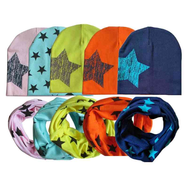 Winter Spring Baby Hat Scarf Set- Cotton Baby Cap Star Print Kids Hats, Newborn Bonnet Beanie Caps