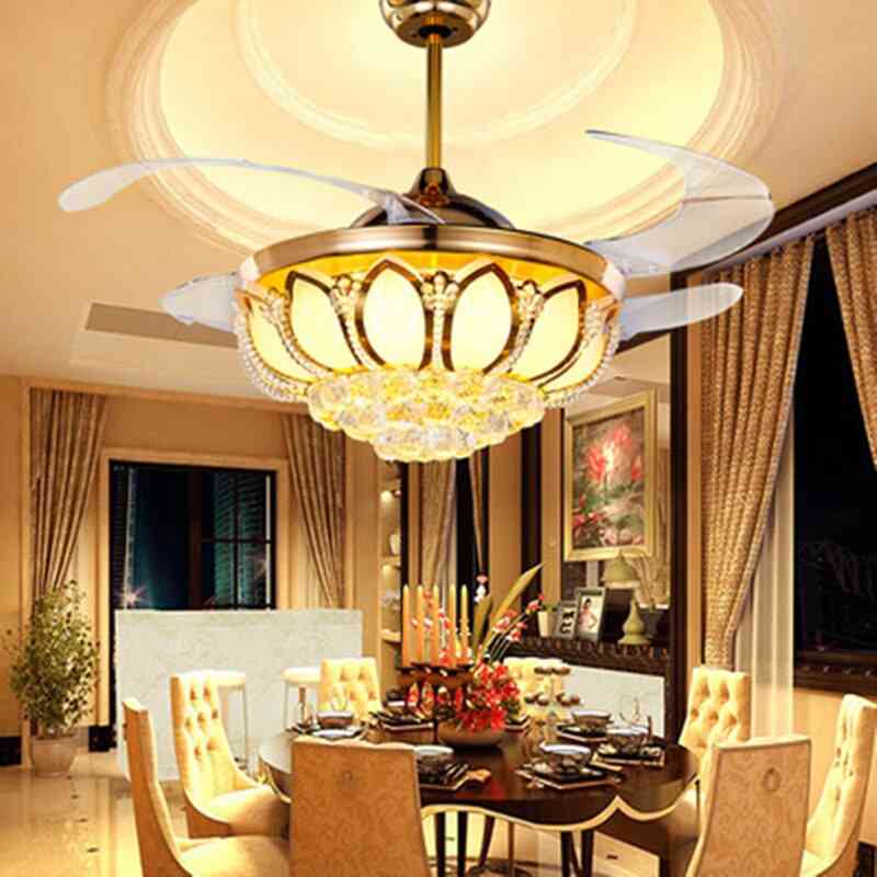 Europese stijl, ventilator plafondlamp luxe led kristal onzichtbaar ventilatorlicht, met afstandsbediening (goud 42 inch 71-80w 220v) -