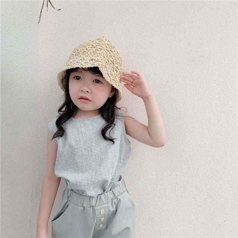 Barnkläder sommar tjejer koreanska pläd linne bomull väst skjorta ärmlös rund hals ficka topp söt