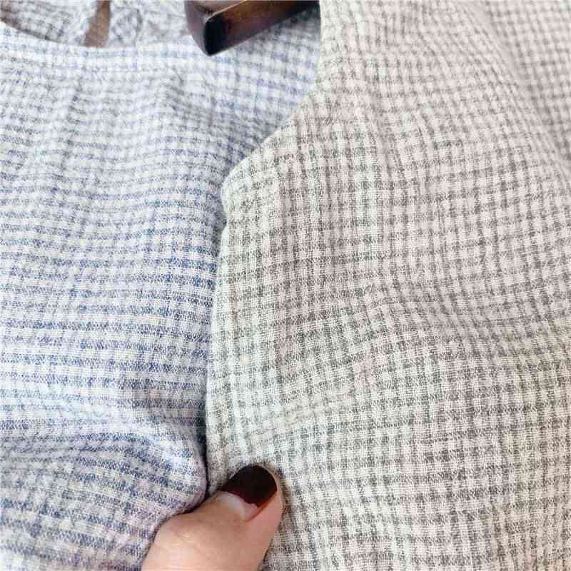 Barnkläder sommar tjejer koreanska pläd linne bomull väst skjorta ärmlös rund hals ficka topp söt
