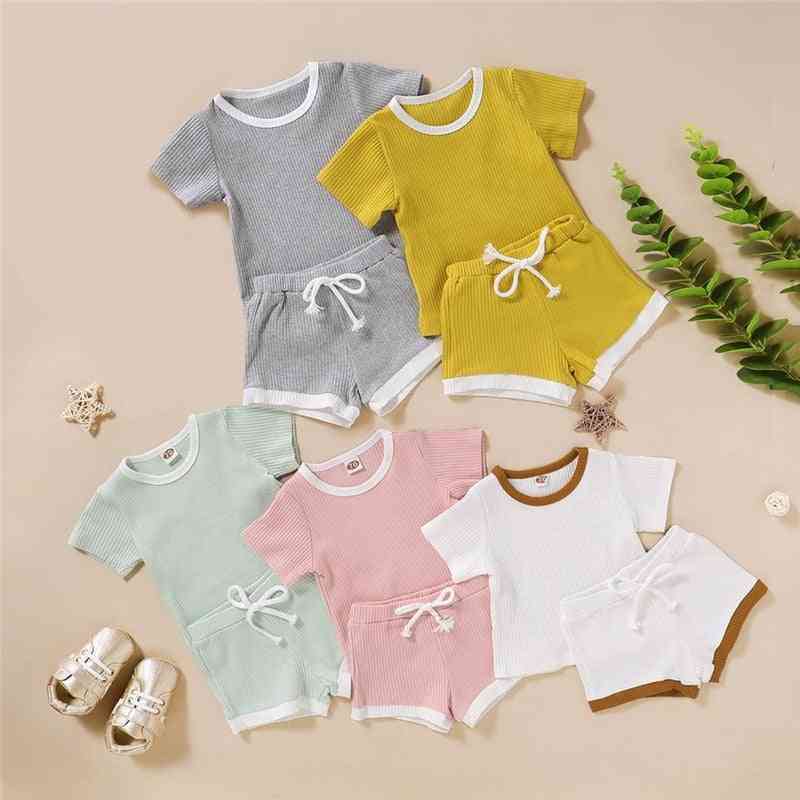 Kleinkind Baby Jungen Mädchen Sommerkleidung Neugeborene Kinder gerippt gestrickt Kurzarm T-Shirts + Shorts Trainingsanzüge Sets