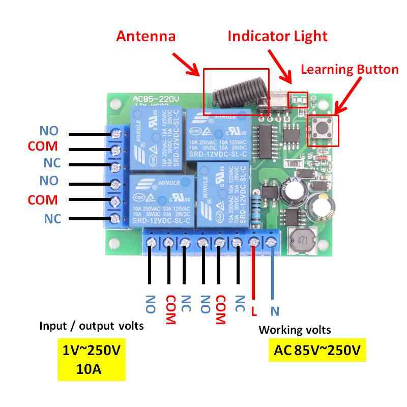 Ac 85v ~ 220v 10amp 2200w 4ch 433mhz rf controle remoto switch wireless relay receiver controlador - 1b