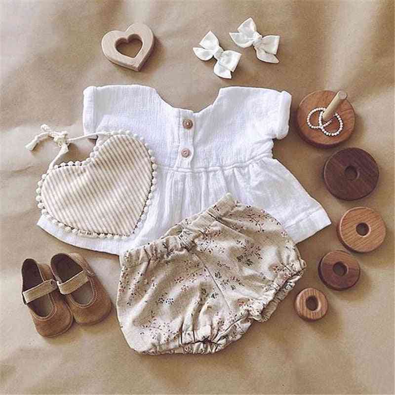 Summer Baby Girl Newborn Cotton Linen Outfit Set- Button Top & Shorts