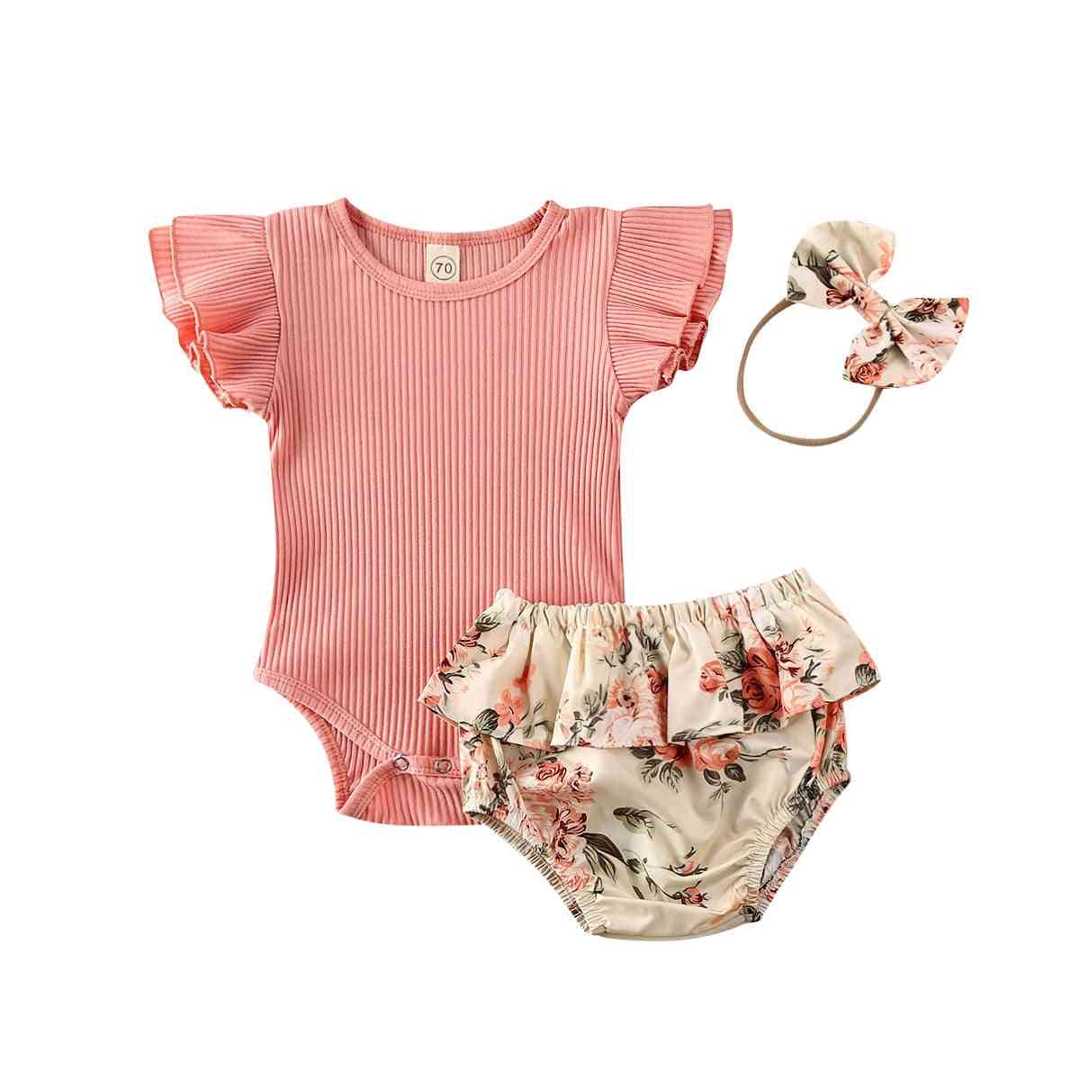 Kojenecké letné oblečenie pre novorodenca, dievčatko s volánikmi / rebrami / kombinézou, kvetinové šortky, čelenka