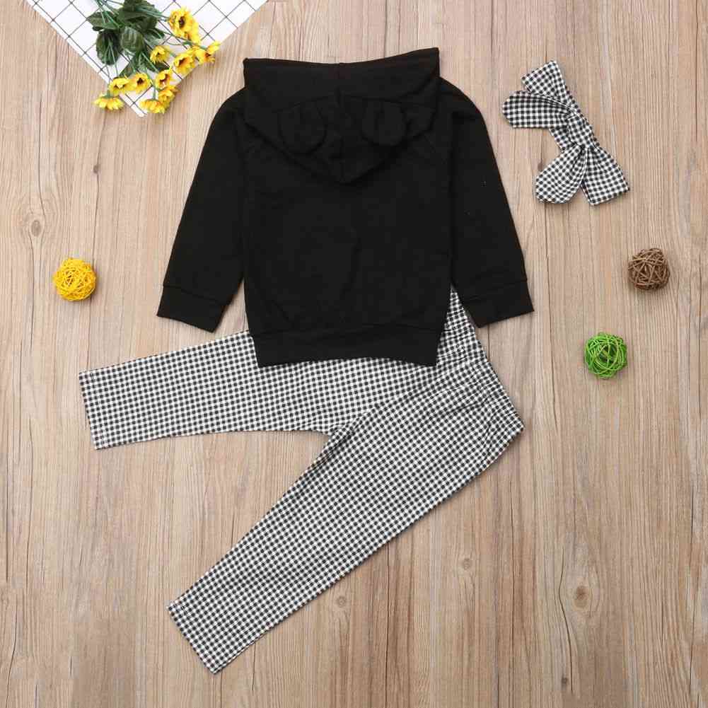 Autumn Winter Lovely Toddler Baby Clothes, Sets 3d Ears Hooded Pullover Black Tops, Ruffles, Plaid Pants, Headband