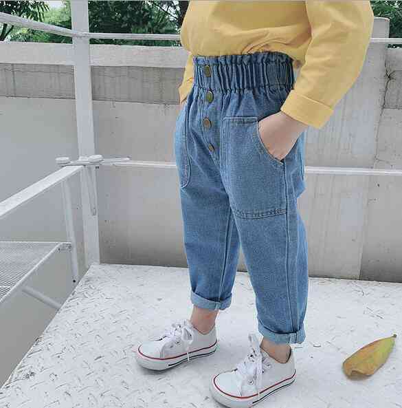 Baby Denim Pants, Solid, High Waist With Bottons