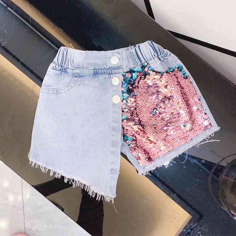 Verão meninas jeans bebê crianças shorts jeans - calças infantis streetwear, remendo de lantejoulas da moda irregular 3 a 8 anos