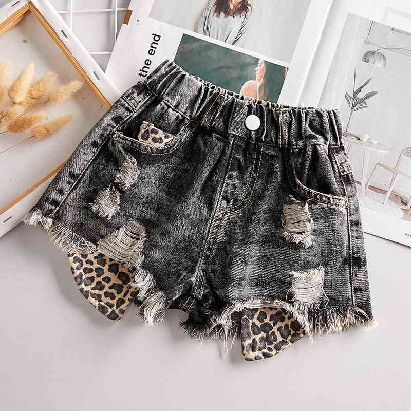 Sommer baby pige shorts jeans bukser - mode leopard print patchwork kort til piger bund tøj 2 til 14 år