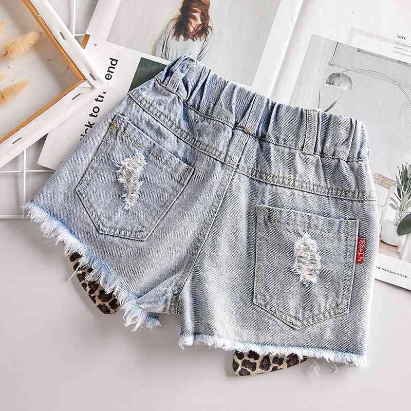 Sommar baby flicka shorts jeansbyxor - mode leopardmönster lapptäcke kort för flickor bottenkläder 2 till 14 år