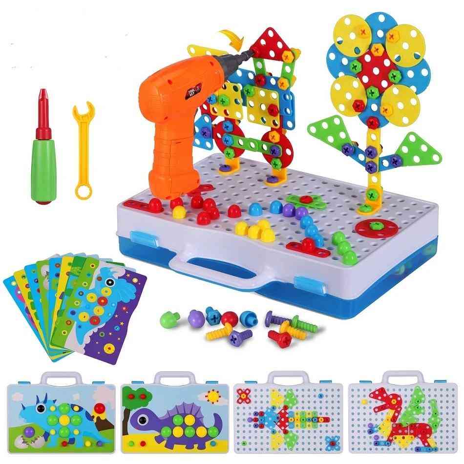 Elektrická vŕtačka puzzle skrutkovacie bloky hračka, kreatívny dizajn vzdelávacia zostavená sada