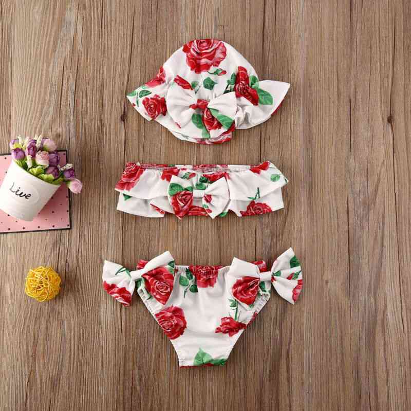 3pcs de maillot de bain d'été bébé fille nouveau-né-ensembles de bikini à imprimé floral