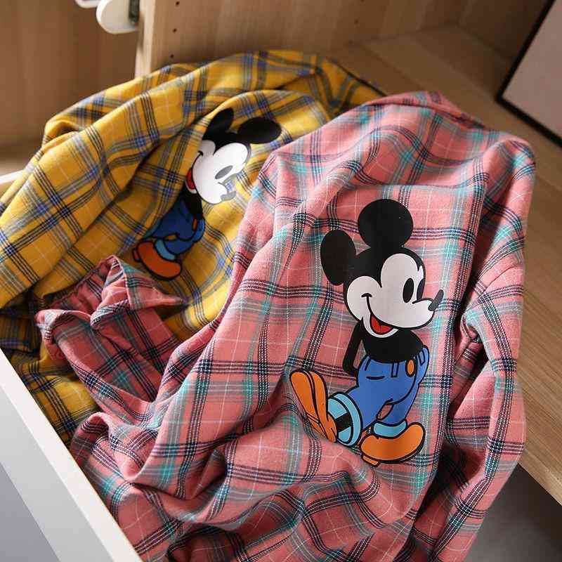 Back Retro Printing Mickey Mouse Plaid Shirt -female Blouse