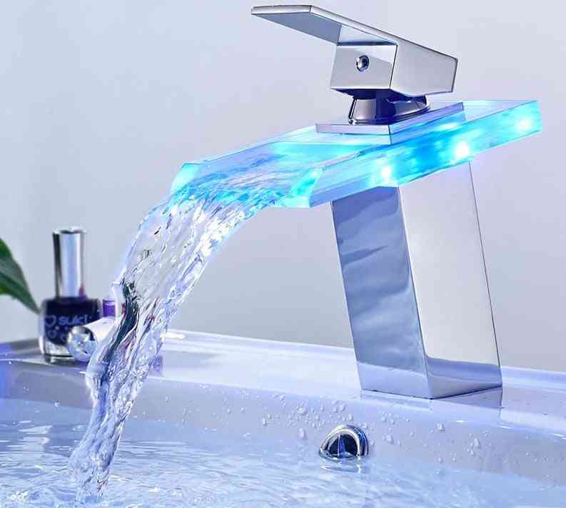 Led Basin Faucet, Brass Waterfall Temperature Bathroom Mixer Deck Mounted Wash Sink Glass Taps