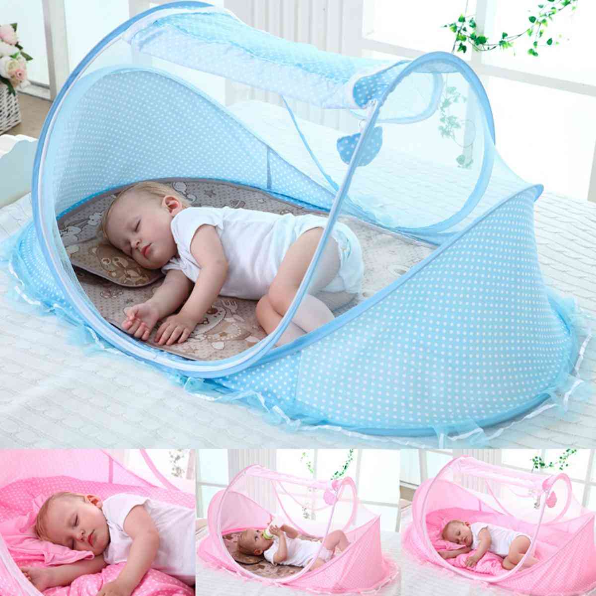 Cama de viagem para bebê berço tenda com dossel respirável mosquiteiro cama com um travesseiro para 0-18 meses - azul