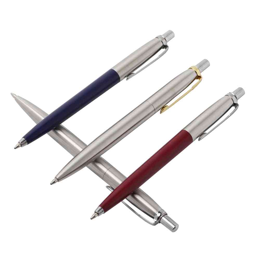Kulepenn, metallmateriale, pressestil, kulepenner til skolekontor - 2stk blå sølv / sort
