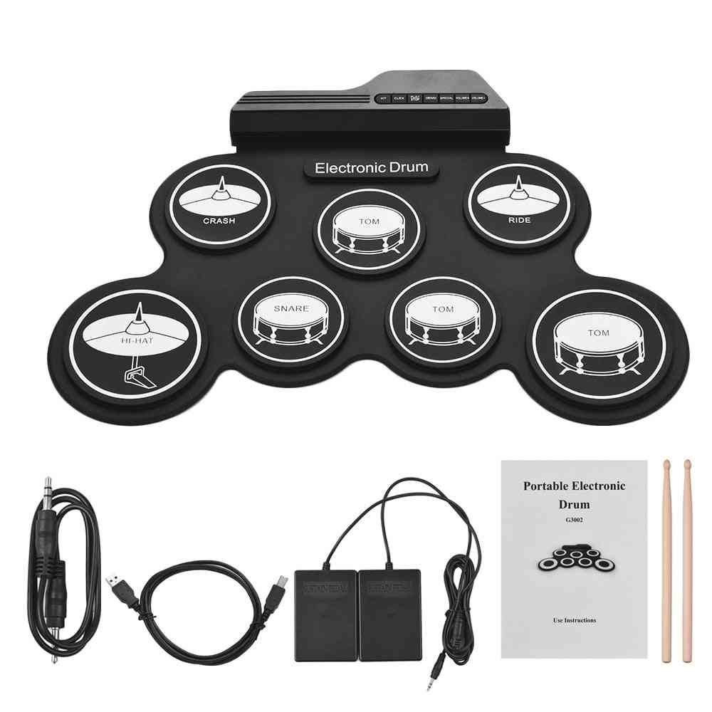 Juego de batería de silicona enrollable usb de tamaño compacto almohadillas electrónicas digitales con pedales para principiantes (negro)