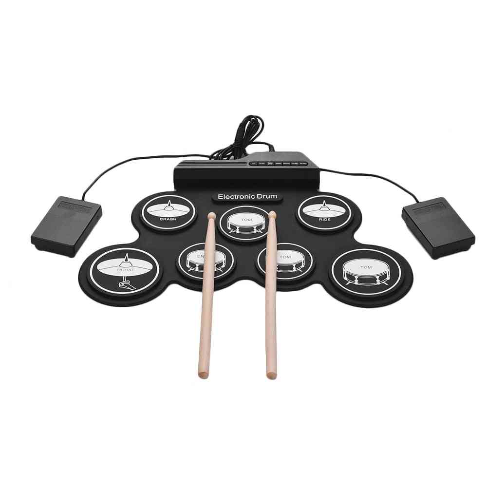 Kompaktowy, zwijany zestaw silikonowych perkusji USB, cyfrowe elektroniczne pady z pedałami dla początkujących (czarne)