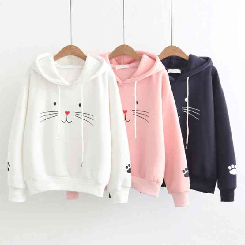 Cute Cat Printed Hooded Sweatshirt For Women