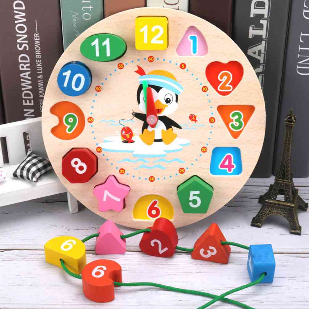 Quebra-cabeças de correspondência de números de forma de desenho animado relógio digital com contas de madeira, jogo de forma geométrica brinquedo educacional (multicolor)