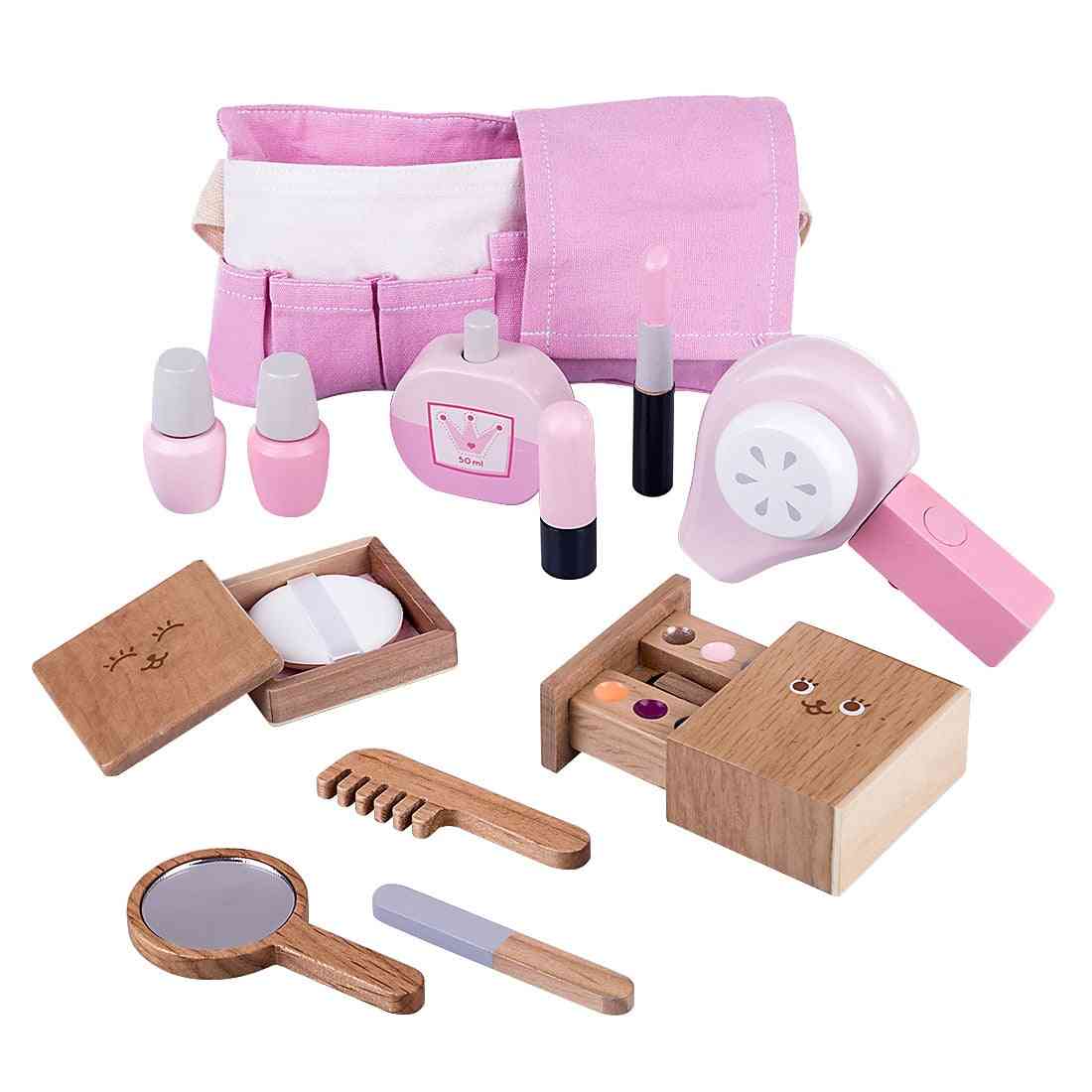 Conjunto de jogos de simulação de maquiagem para crianças 12pcs de madeira, brinquedos de simulação de secador de cabelo para crianças de meninas
