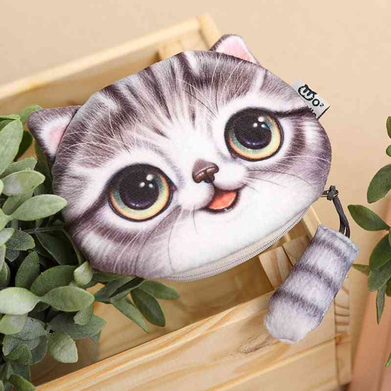 Double Side Cat Head Printed, Soft Plush Coin Purse With Tail