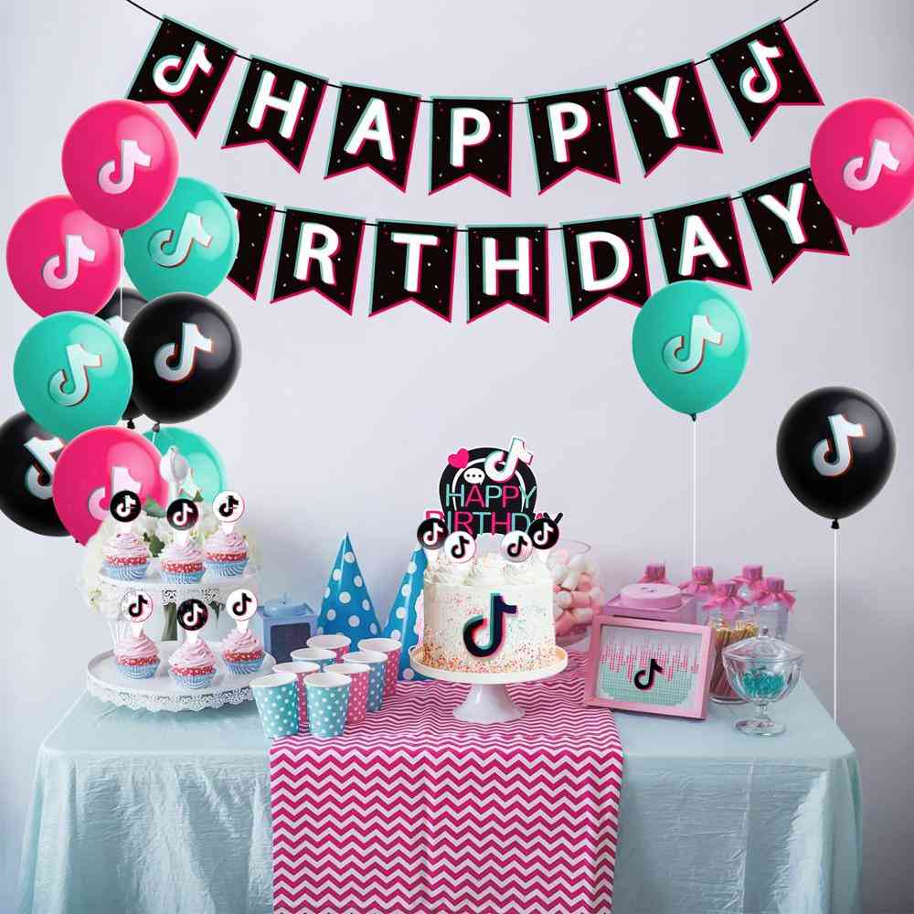 Birthday Printing Banner Balloon, Cake Topper Music Sign Flags