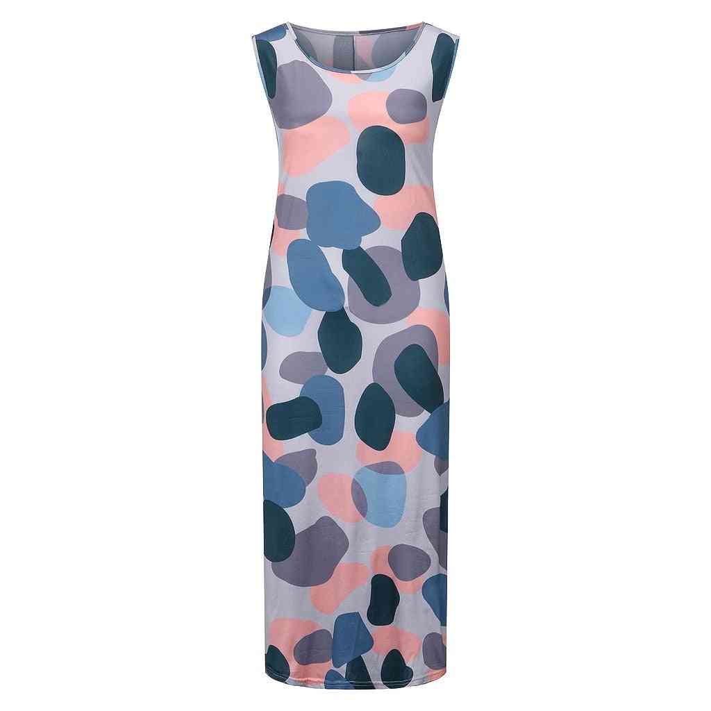 Fashion Womens Casual Loose Sexy Printed Round-neck Sleeveless Long Dress