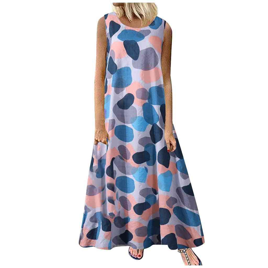 Fashion Womens Casual Loose Sexy Printed Round-neck Sleeveless Long Dress