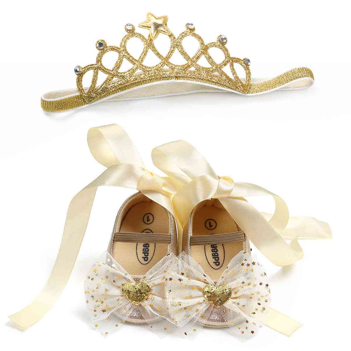 Bowknot Sequins Design,  Anti-slip Crib Shoes And Headband For Newborn Babies