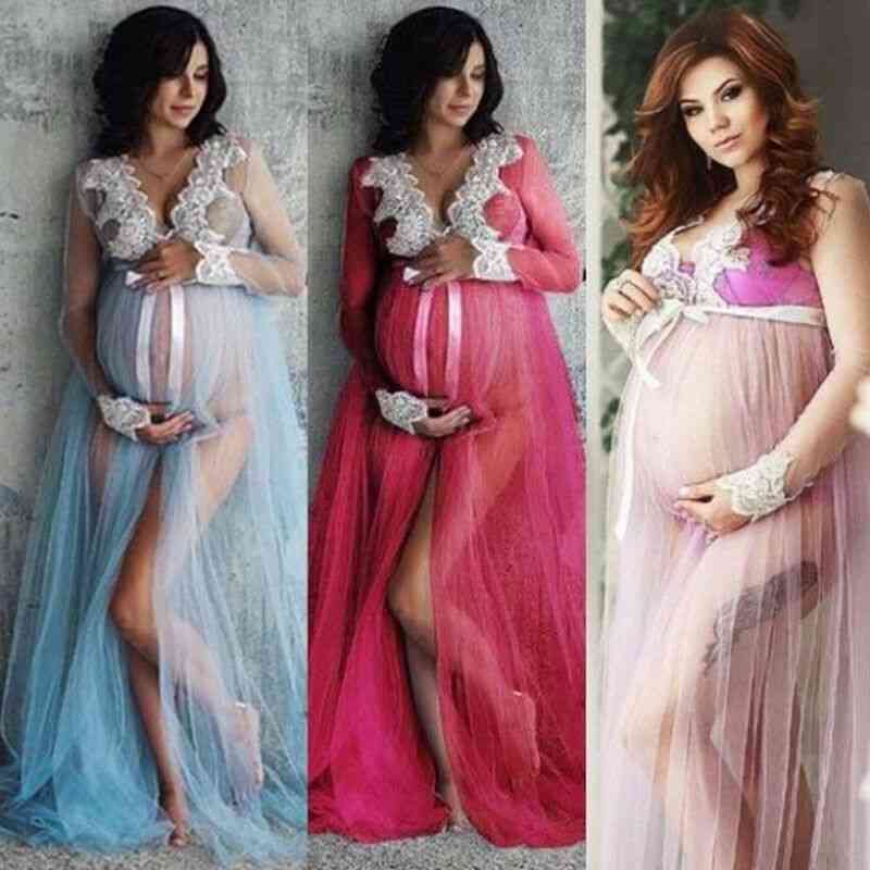 V-neck, Hollow Out Maternity Maxi Lace Dresses For Photo Shoot