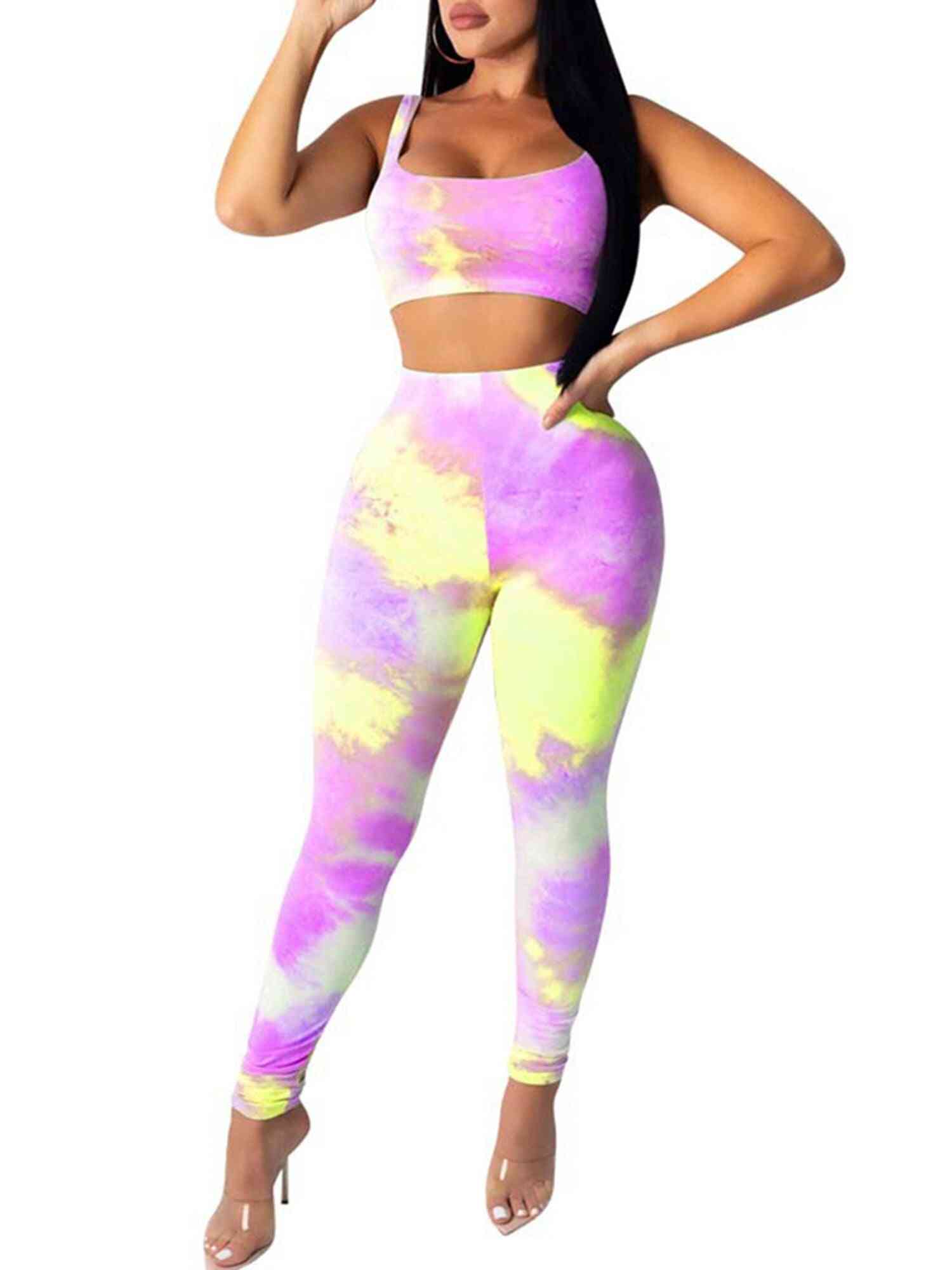 Women Sports Outfits Fashion Tie-dye Printed Crop Top And Pants Suit