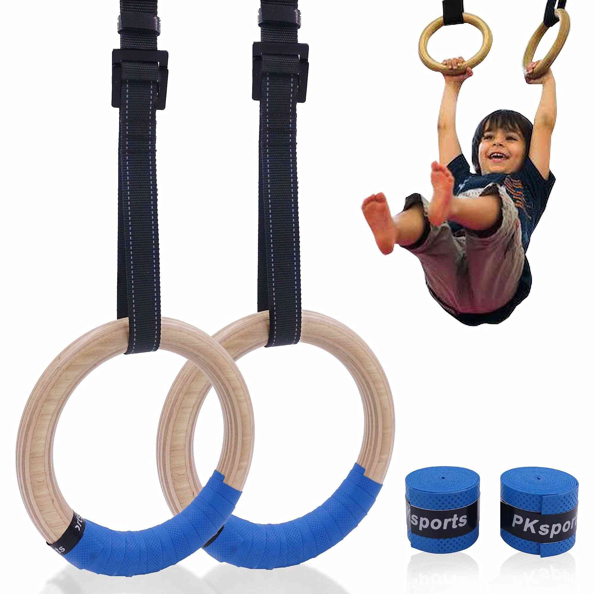 Wooden Gymnastic Rings For Kids With Adjustable Straps, Buckles