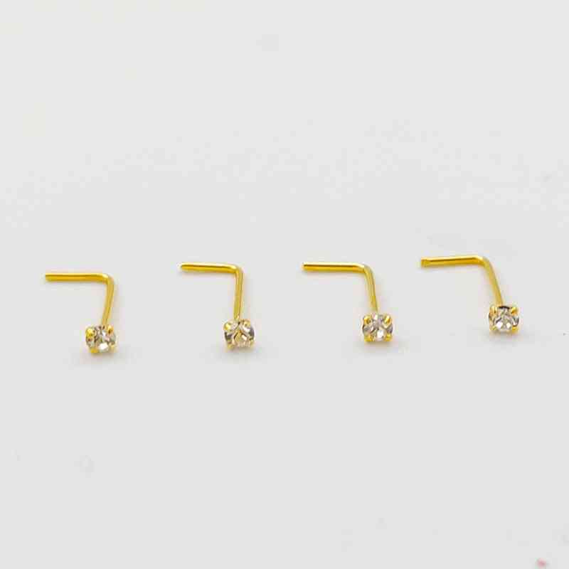 Sterling  L Shape Nose Stud Ring, Clear Crystal Piercing Body Jewelry