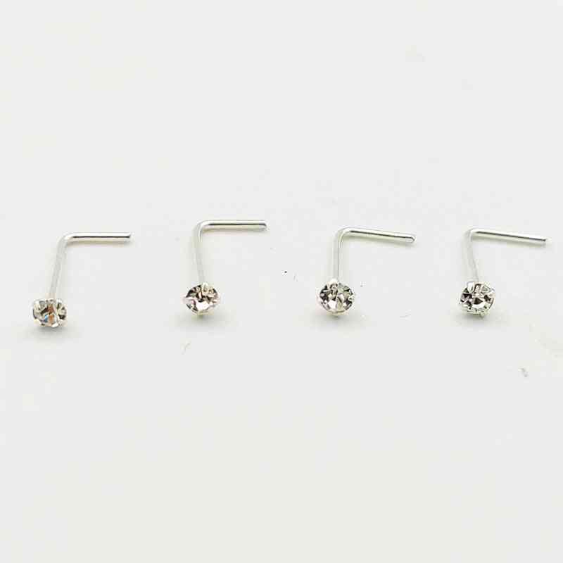 Sterling  L Shape Nose Stud Ring, Clear Crystal Piercing Body Jewelry
