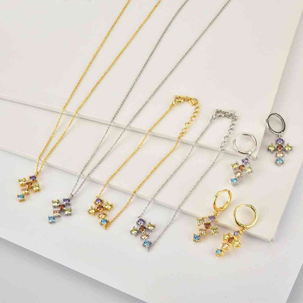 Sterling Rainbow Cross Zircon, Cz Hoops Pendiente Piercing Ohrringe Bracelet & Necklace Jewelry Set