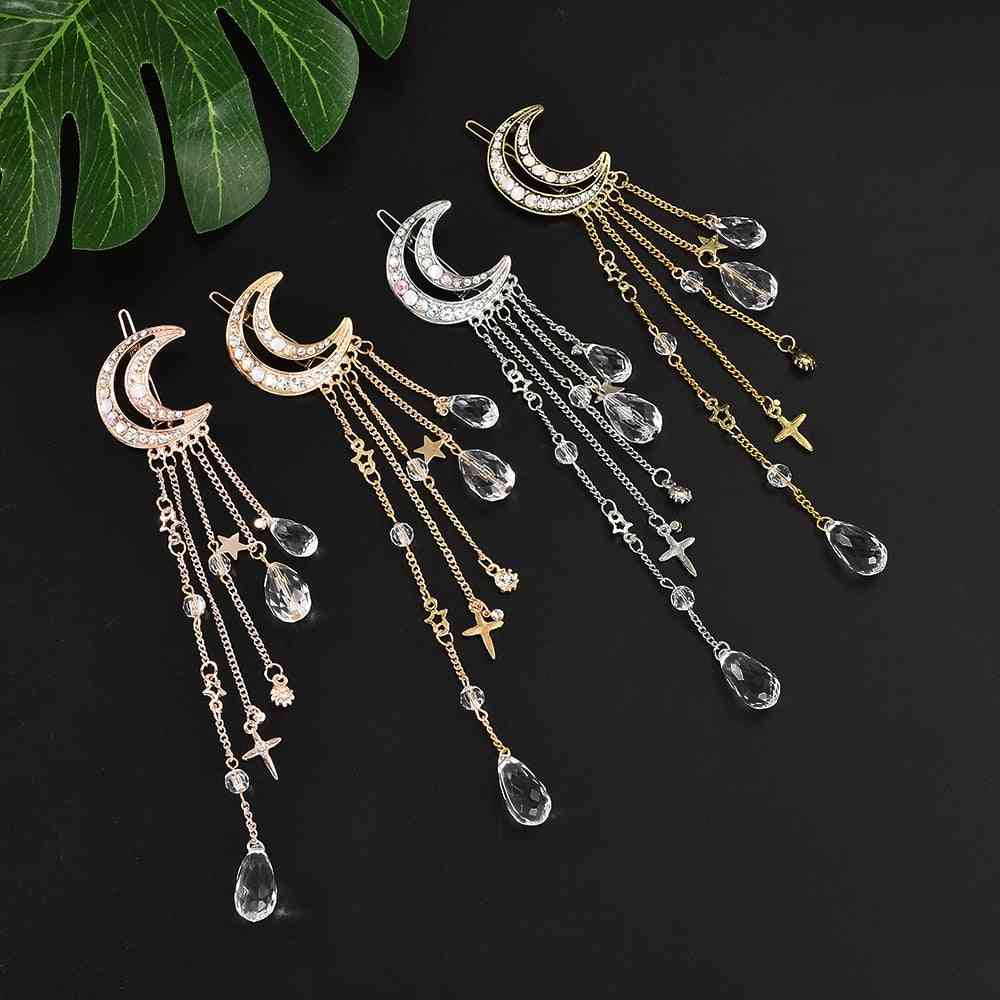 Women Moon Rhinestone Crystal Tassel Long Chain Beads Dangle Hairpin Hair Clip