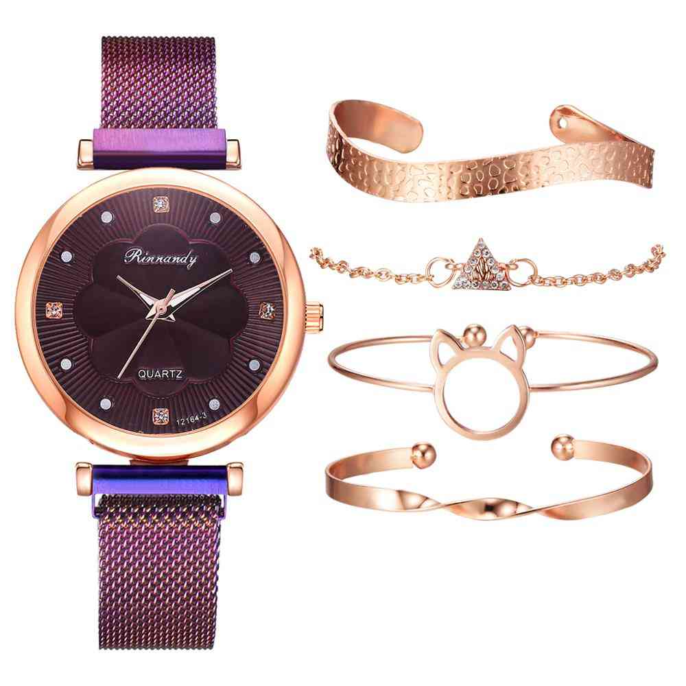 5pcs Set Women Watches, Luxury Magnet Buckle -wrist  Bracelet