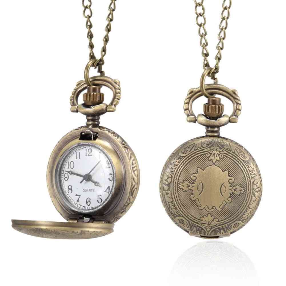 Pocket Watch Vintage Shield Carved Case With Chain