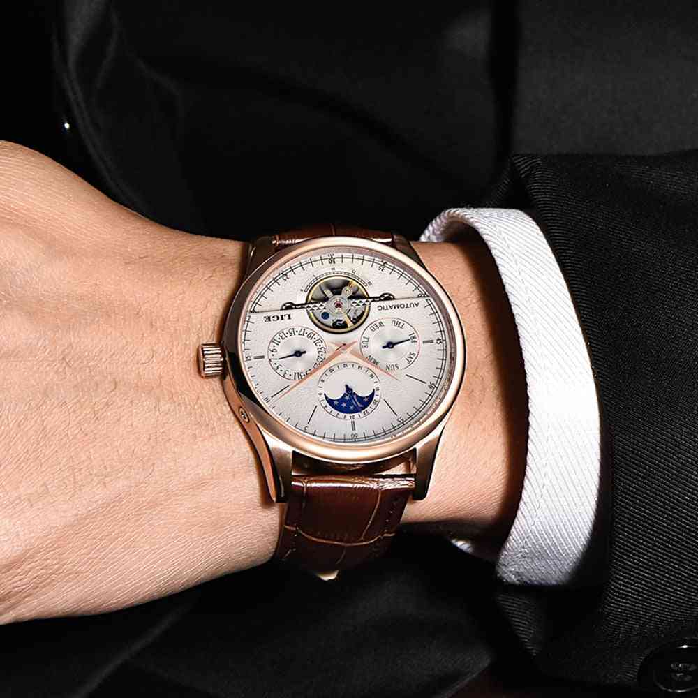 Automatic Mechanical Tourbillon Sport Clock Leather Casual Business Wristwatch