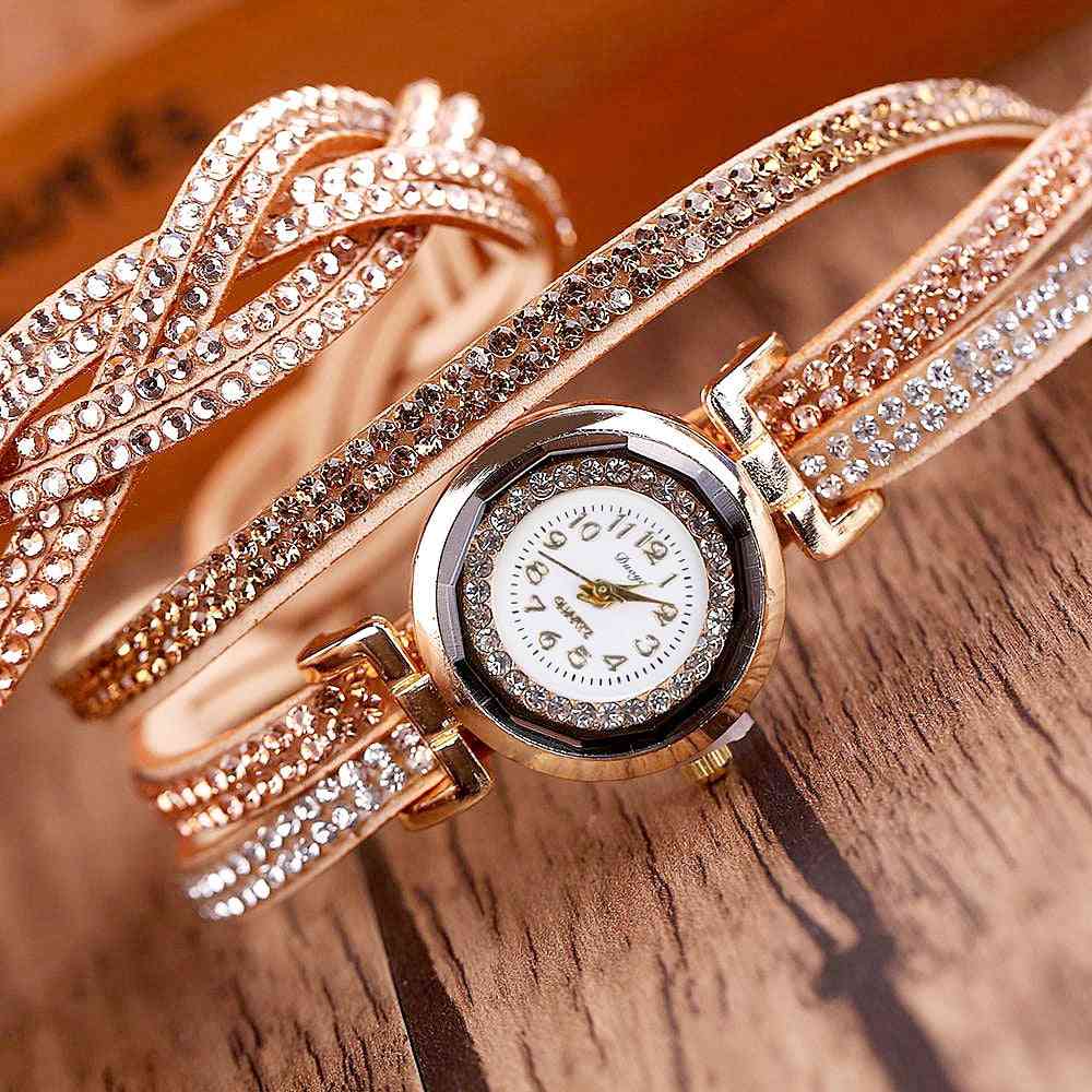 Relógio pulseira de couro strass quartzo fashion